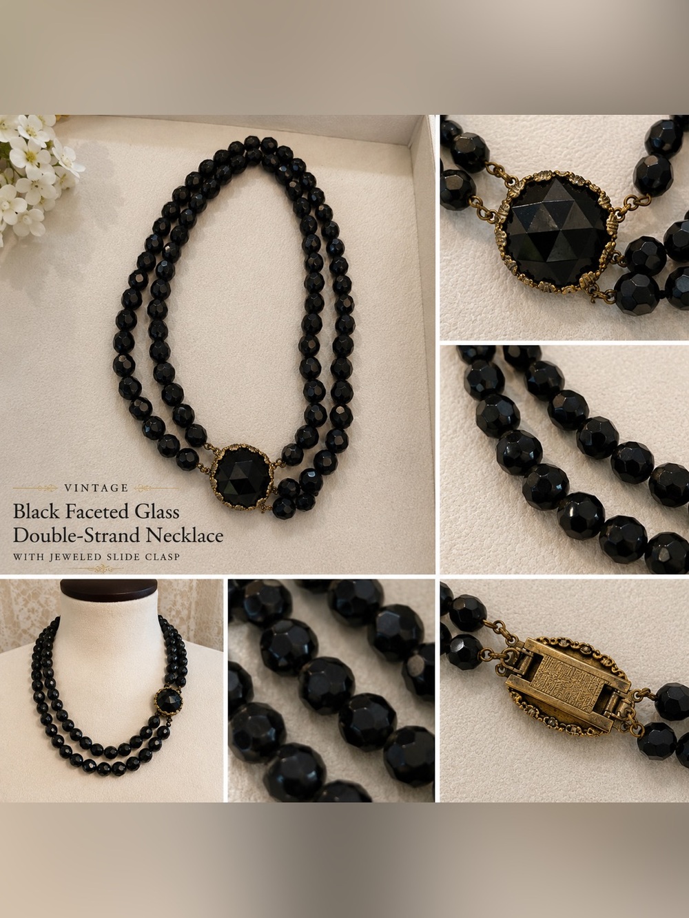 Vintage Double Strand Black Glass Necklace with Faceted Center
